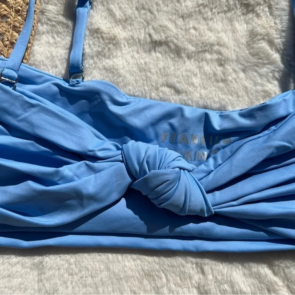 Frankie’s Bikinis Carrie Knot Top Colby Tie Side Bikini Set Chambray Blue NWT